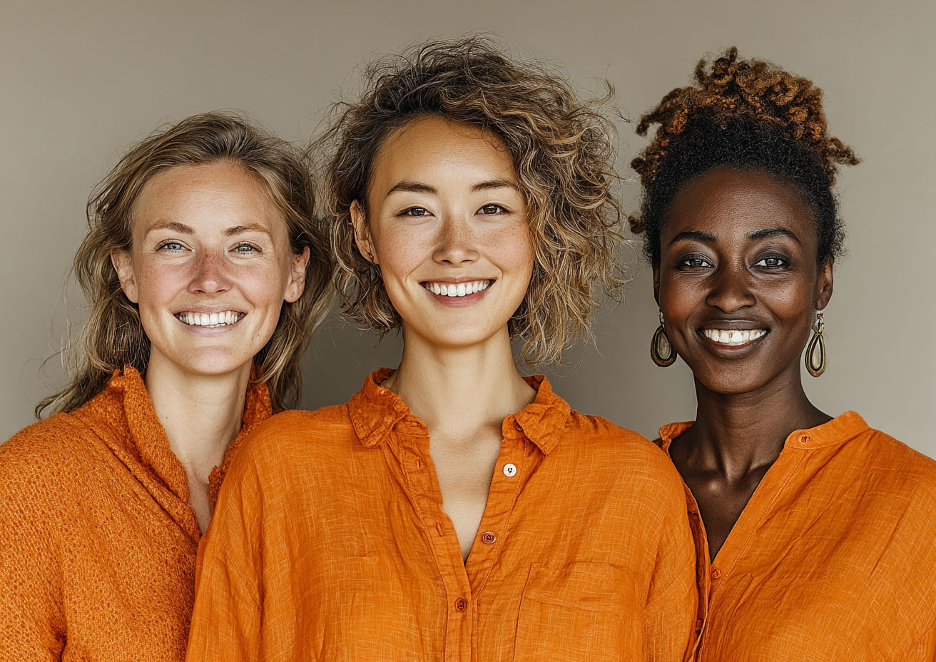 Trois femmes souriantes générées par IA, habillées en orange, incarnant la diversité linguistique.