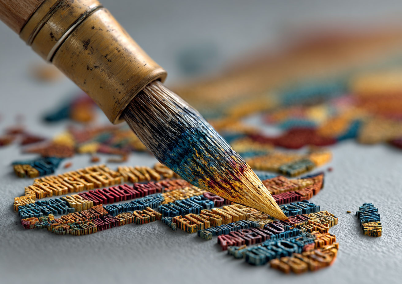 Pinceau coloré peignant des lettres 3D représentant plusieurs langues.