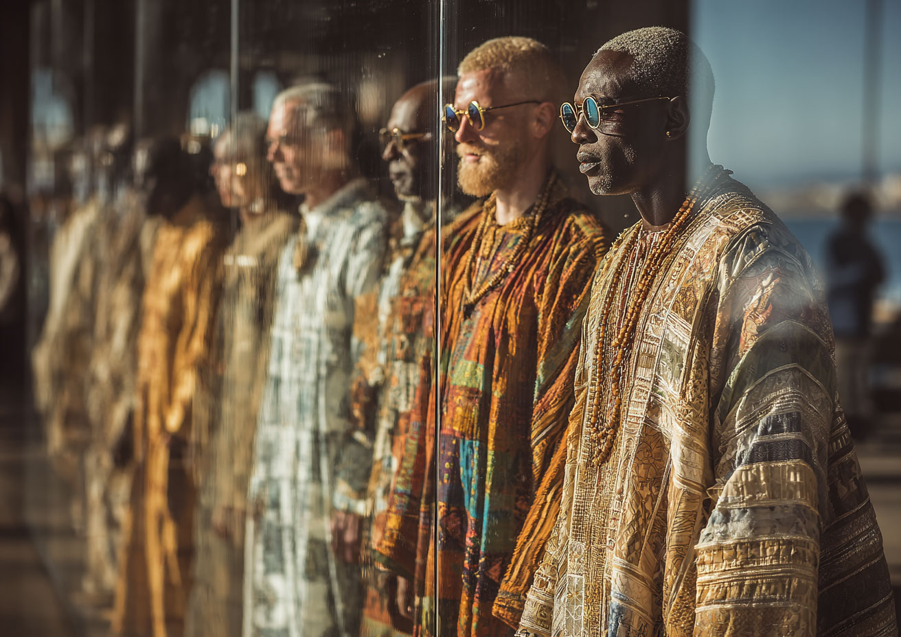 Portraits d’hommes de différentes nationalité, alignés, se reflétant dans une vitre – rendu IA.