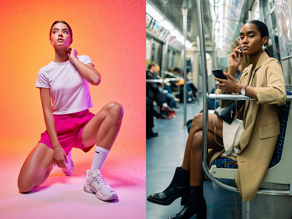 Sportive genou au sol lumière néon rose + cadre business métro parisien, diptyque lifestyle IA Reve Image 1.0.