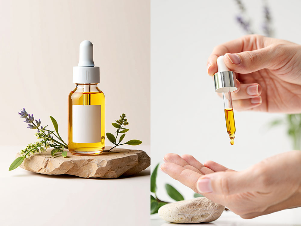 Flacon sérum ambré set naturel + pipette déposant goutte dorée dans paume, packshot propre Reve Image 1.0.