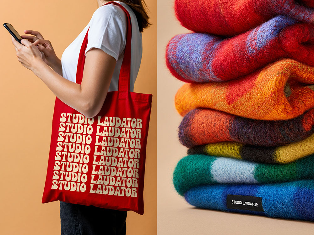 Tote bag rouge Studio Laudator et pile de pulls mohair colorés, visuel branding produit Reve Image 1.0.