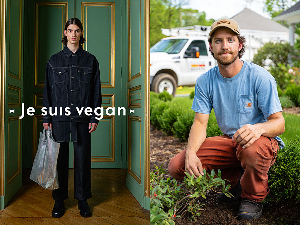 Homme debout en denim noir, texte lisible « Je suis vegan » incrusté, généré par Reve Image 1.0.