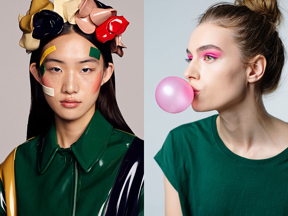 Modèle asiatique headpiece vinyl multicolore + femme chewing-gum rose, diptyque beauté créé via Reve Image 1.0.
