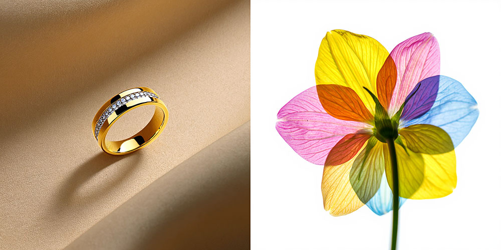 Bague or diamants sur dune textile + fleur translucide multicolore, nature morte Reve Image 1.0.