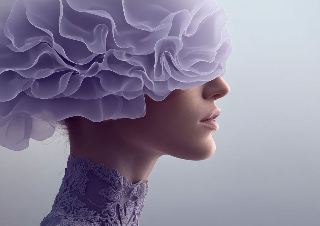 Profil féminin avec coiffure volute lilas transparente, IA
