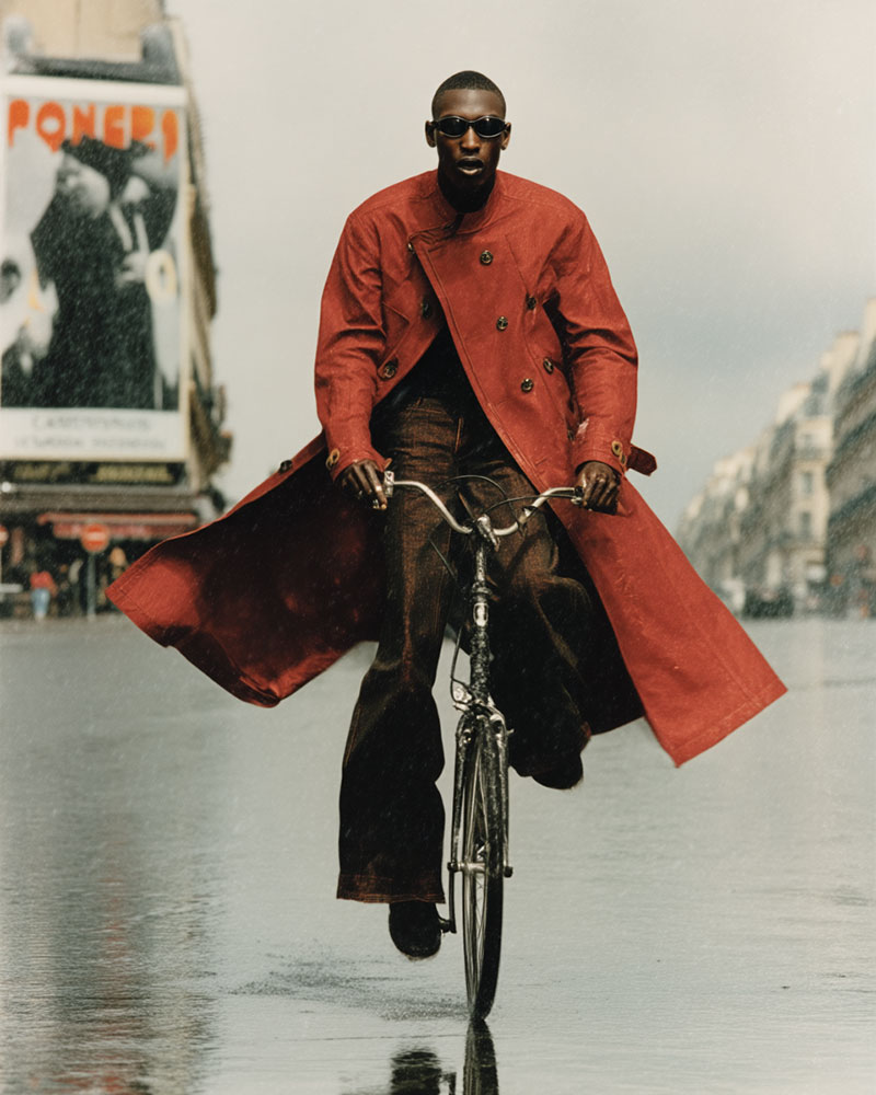 Cycliste manteau rouge, grain modéré Portra 400 Midjourney