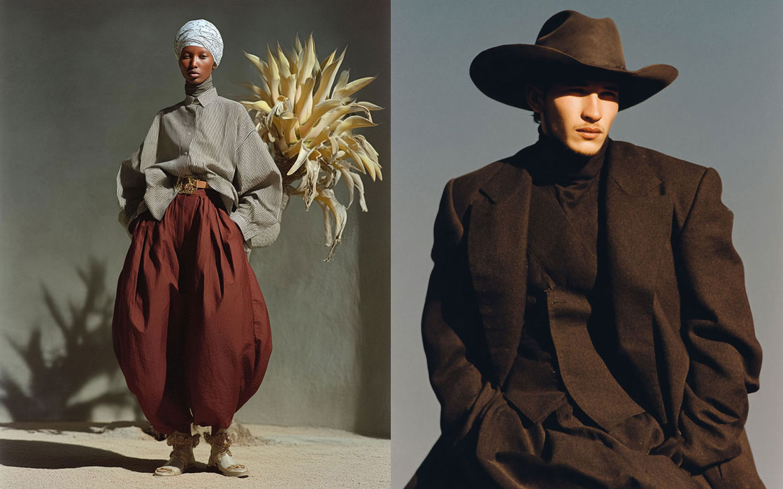 Diptyque mode nomade et western, rendu Portra 400, teintes chaudes, Midjourney