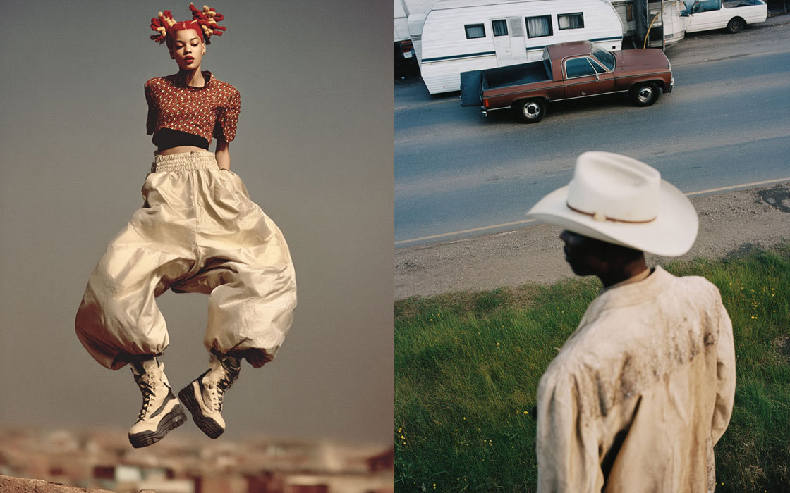 Saut en sarouel beige et cowboy chapeau blanc, palette miel-pêche Portra 400 Midjourney