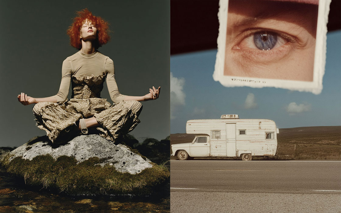 Méditation sur rocher et collage œil-caravane, look Portra 400, Midjourney
