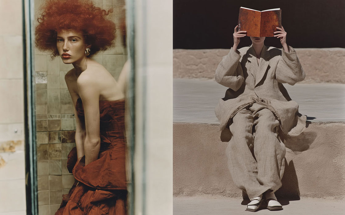 Diptyque mode, robe rouille et lecteur en lin, look Portra 400, lumière douce Midjourney