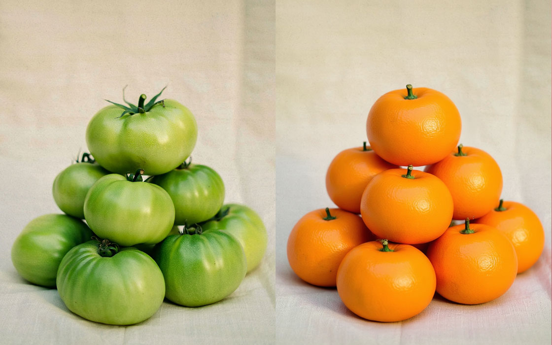 Exemple Qwen Image Edit retouche photo : transformation tomates en oranges