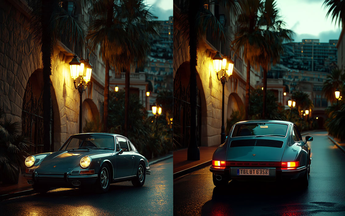 Exemple Qwen Image Edit retouche photo : voir voiture de face et de dos sans changer décor