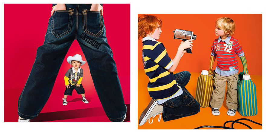 Enfants Catimini jouant avec une caméra vintage, photomontage printemps-été.
