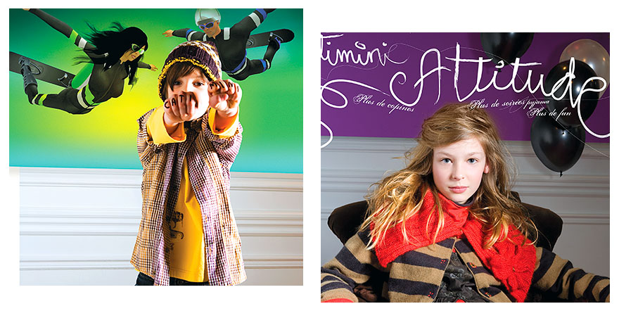 Catimini Attitude – Visuel mode enfant hiver Fillette Catimini posant devant un fond violet avec ballons noirs, slogan Catimini Attitude.