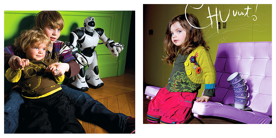 Enfants Catimini et robot – Photomontage collection hiver Deux enfants Catimini jouent avec un robot, visuel créatif collection hiver.