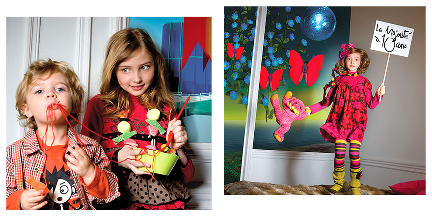 Fille Catimini – Photomontage créatif mode hiver Fillette Catimini debout sur le lit avec des papillons au mur, ambiance créative mode enfant hiver.