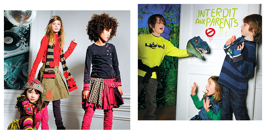 Catimini hiver – Interdit aux parents Groupe d’enfants Catimini jouant avec un dinosaure, slogan Interdit aux parents.