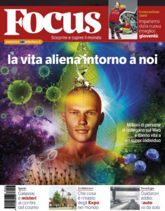 couverture-magazine-focus-vie-alienne-dna Couverture du magazine Focus Italie représentant un homme et un ADN lumineux entourés de virus et d’éléments cosmiques