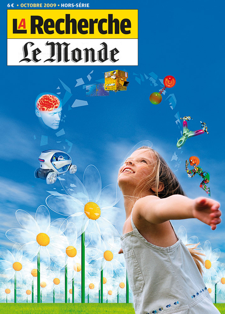 Illustration de couverture du hors-série La Recherche – Le Monde, représentant une enfant dans un champ de fleurs avec des symboles scientifiques