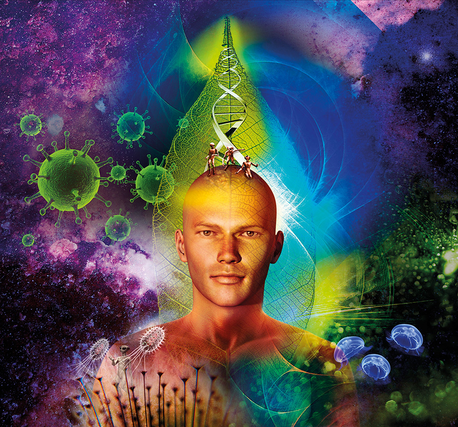 illustration-couverture-magazine-focus-vie-alienne-dna Illustration de couverture du magazine Focus Italie représentant un homme et un ADN lumineux entourés de virus et d’éléments cosmiques