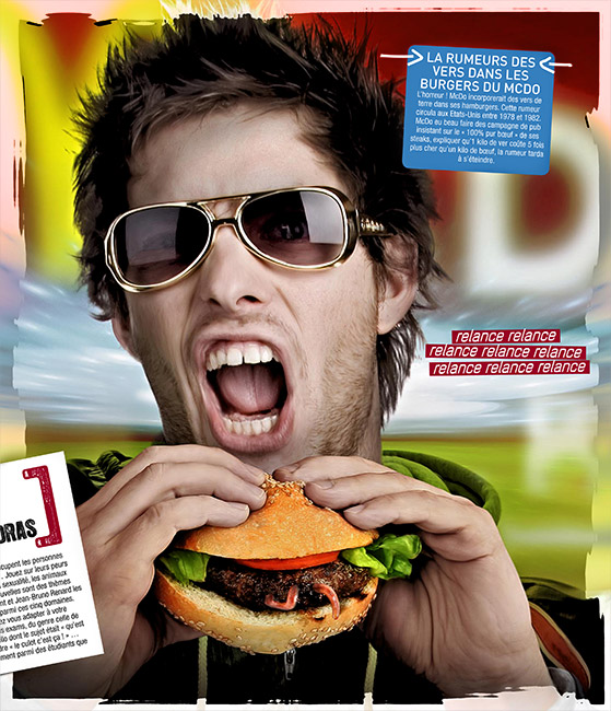 Les 10 commandements de la rumeur – Illustration pour le magazine Science & Vie Junior Photomontages par le Studio Laudator de l'article « La rumeur des vers dans les burgers du McDo »