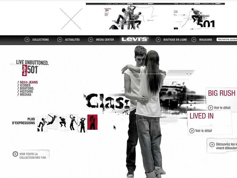 Visuel Levi’s 501, couple enlacé, campagne Live Unbuttoned.