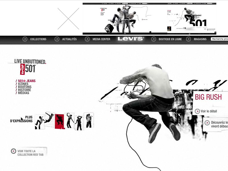 Photomontage Levi’s 501, homme en plein saut, campagne Live Unbuttoned.