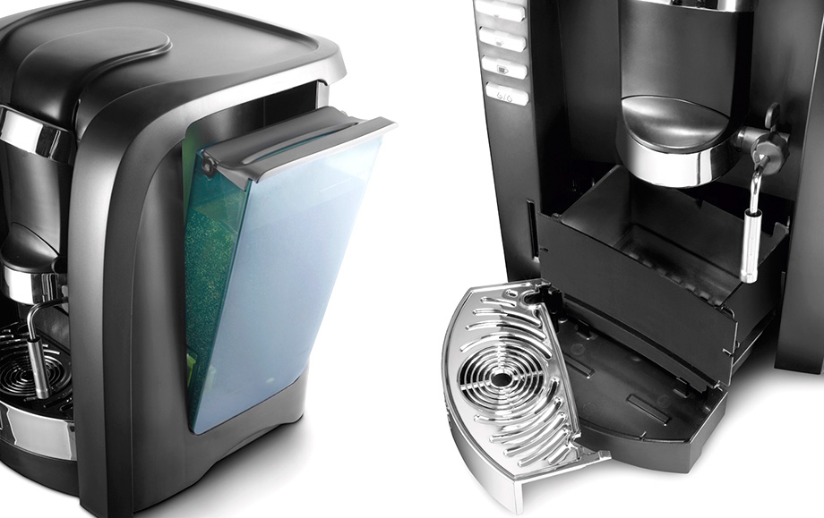 Packshot machine à café Puro – détails techniques Machine à café Puro, réservoir d’eau et bac récupérateur