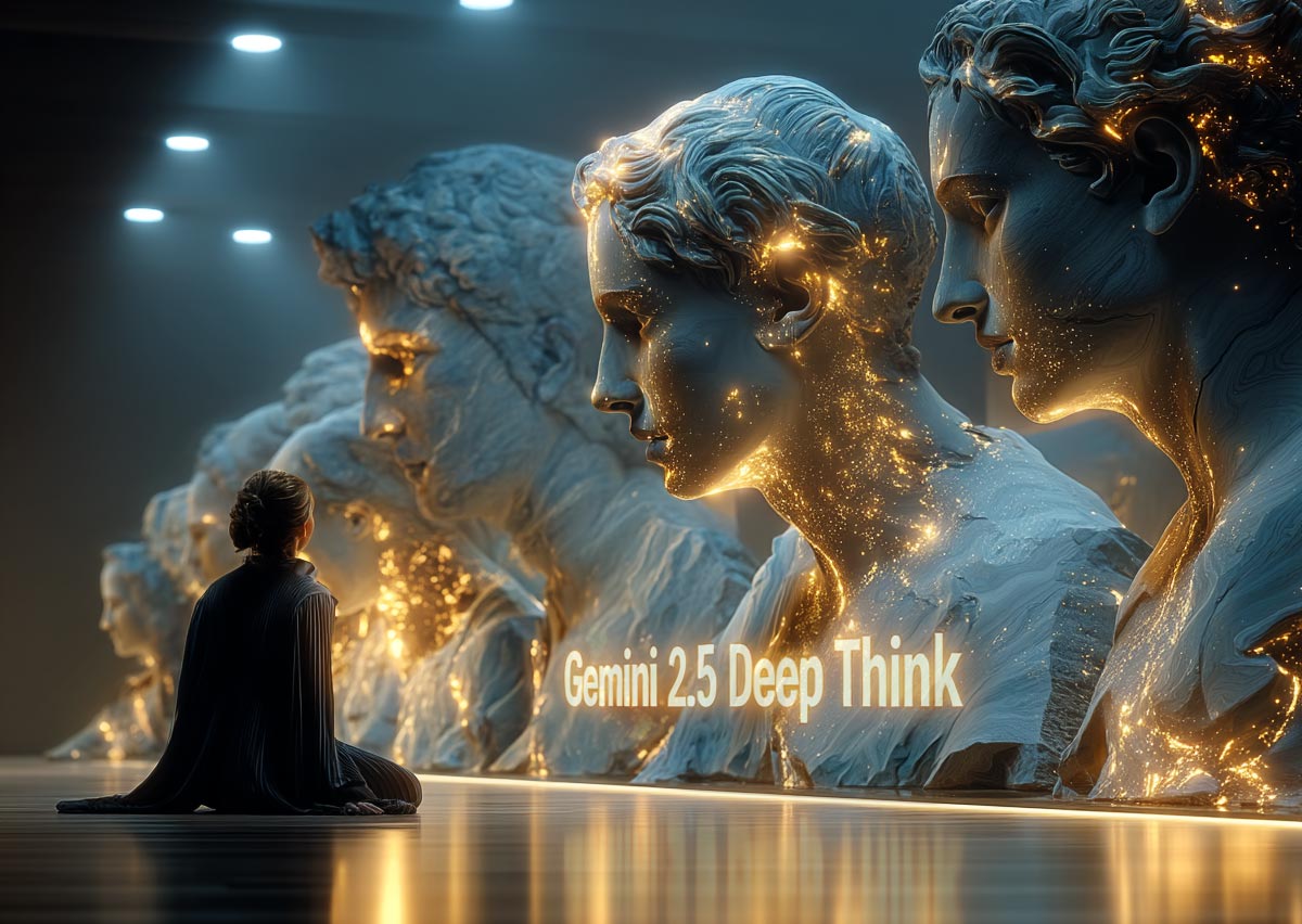 Statues illuminées symbolisant Gemini 2.5 Deep Think