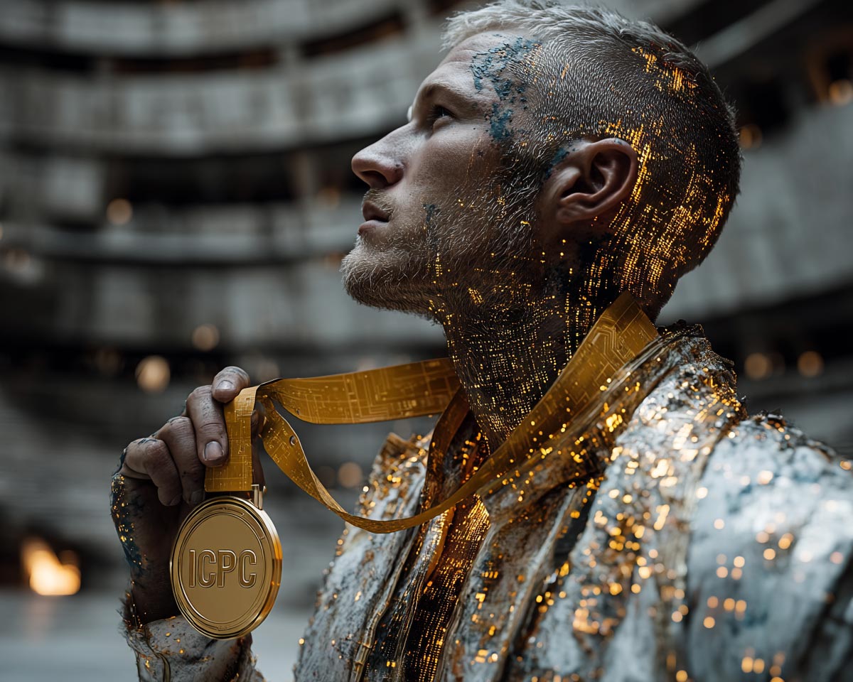 Vainqueur brandissant la médaille ICPC aux JO du code 2025