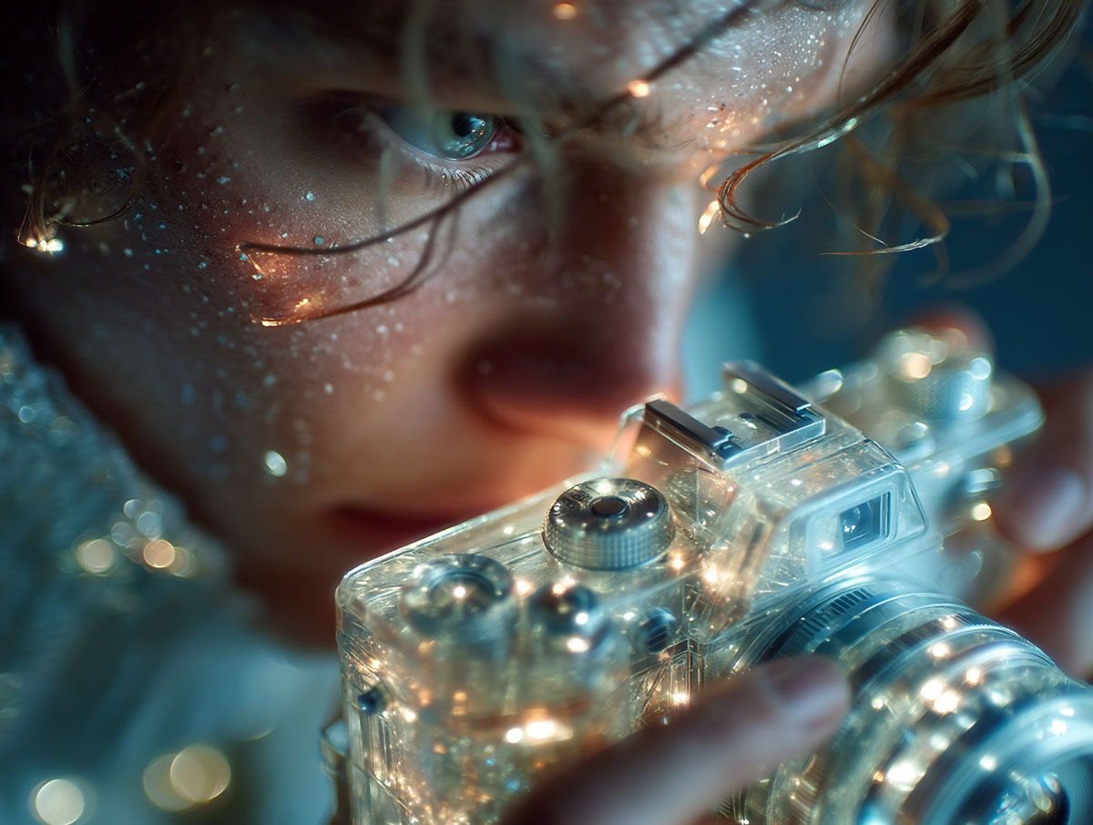Photographe avec appareil lumineux symbolisant l’IA créative