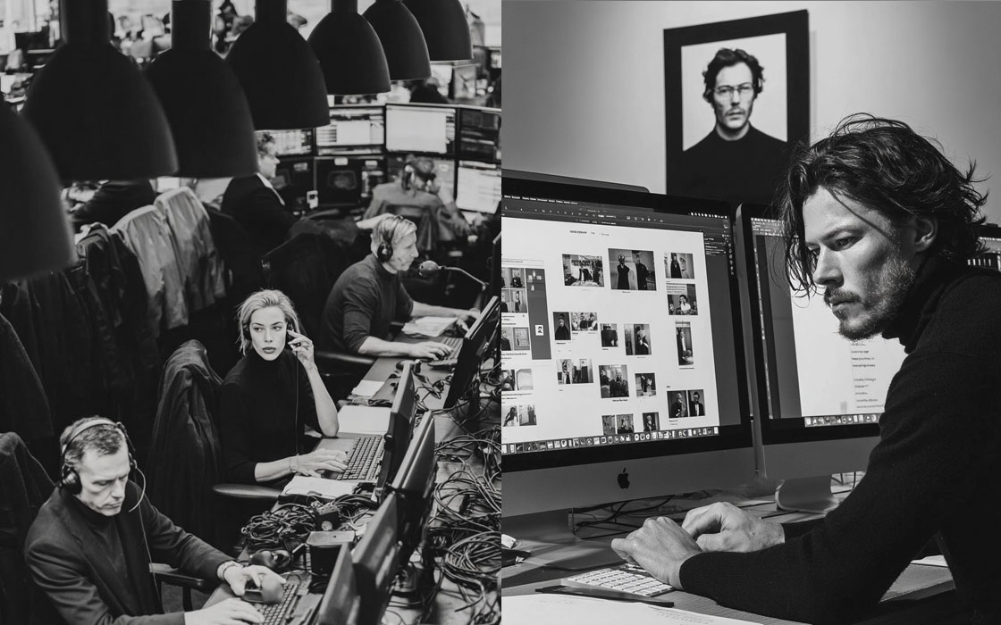 Équipe créative travaillant sur des écrans avec un angle de vue à hauteur d'yeux favorisant l'immersion dans le processus de création IA.