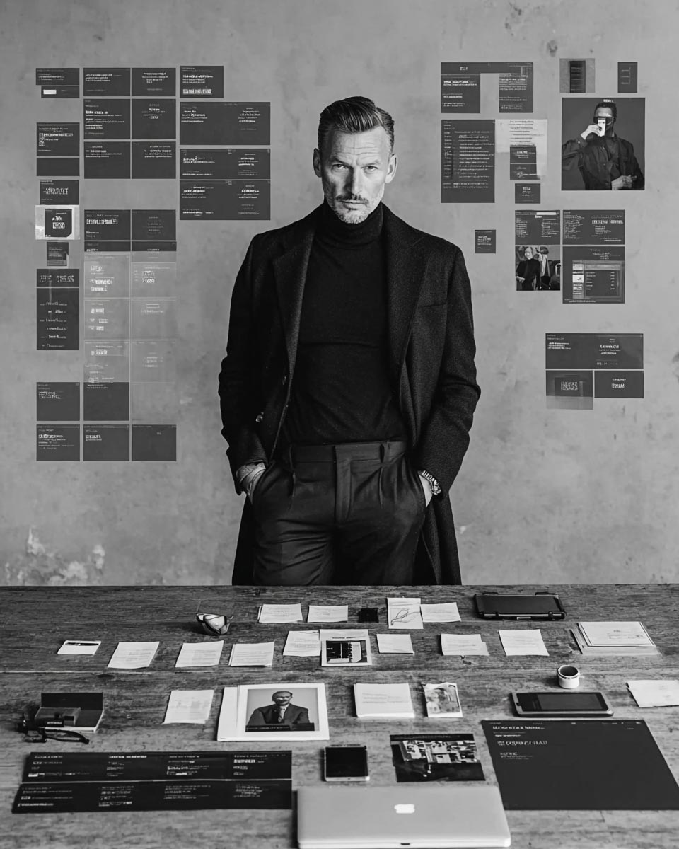 Directeur artistique debout dans un bureau créatif avec moodboard en fond, illustrant l'autorité par un angle de prise de vue frontal et maîtrisé.