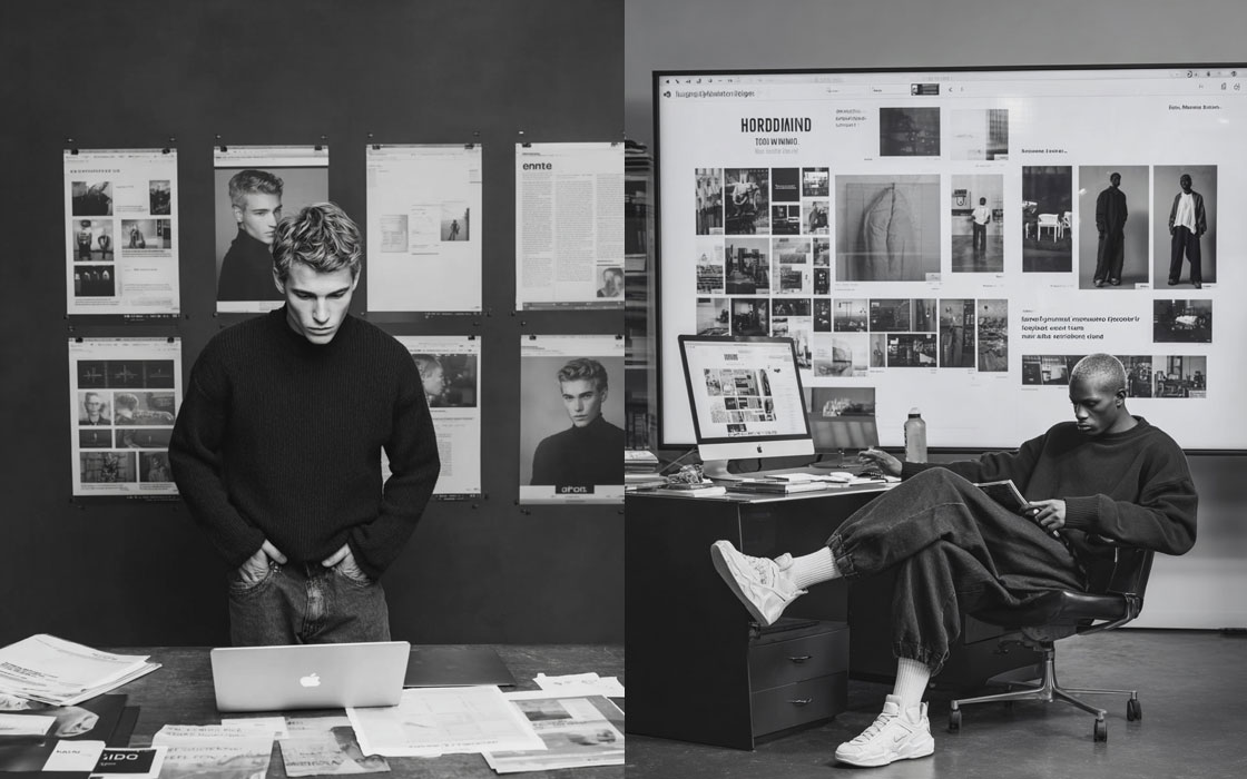 Comparaison de postures et d'angles : un homme debout consultant un écran versus un créatif assis en position détendue, illustrant la narration visuelle.