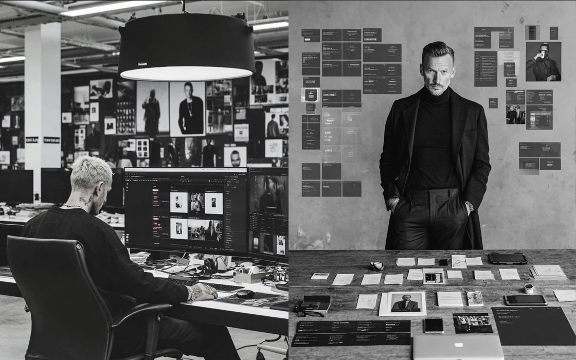 Vue subjective par-dessus l'épaule d'un créatif vs plan frontal d'un leader debout imposant son autorité.