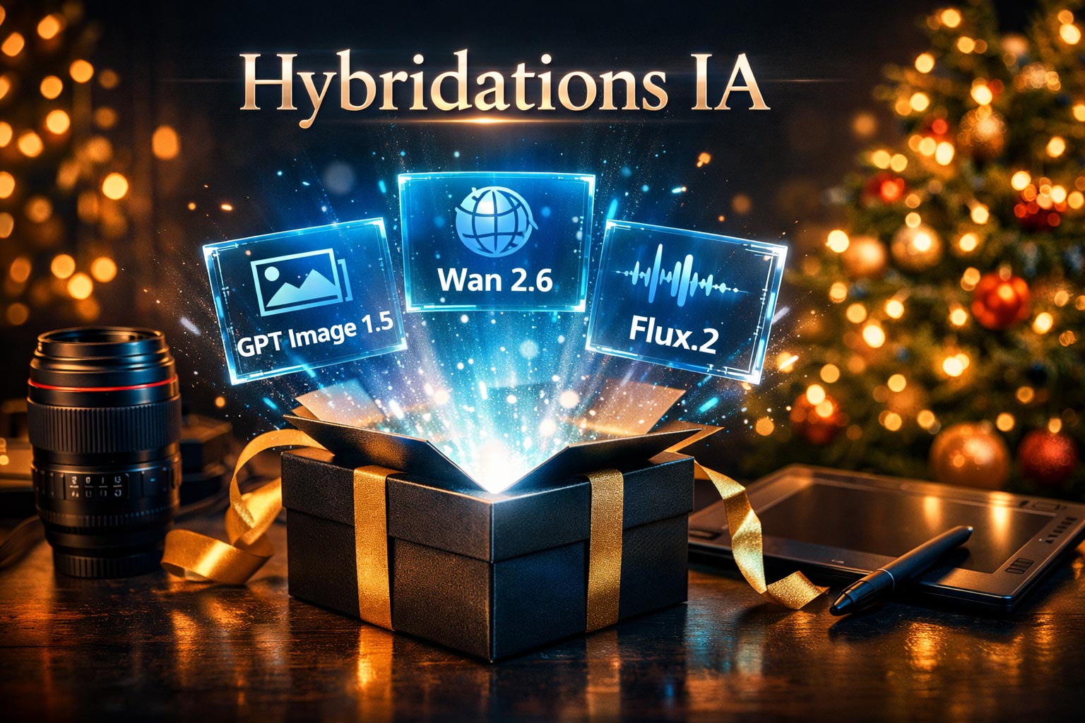 Cadeau de Noël technologique ouvrant sur les logos holographiques de GPT Image 1.5, Wan 2.6 et Flux.2 dans une ambiance festive pour le blog Hybridations IA par Studio Laudator.