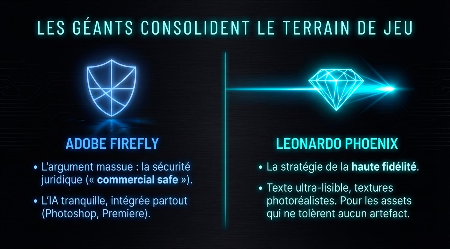 Comparaison entre la sécurité juridique d'Adobe Firefly et la haute fidélité de Leonardo Phoenix.