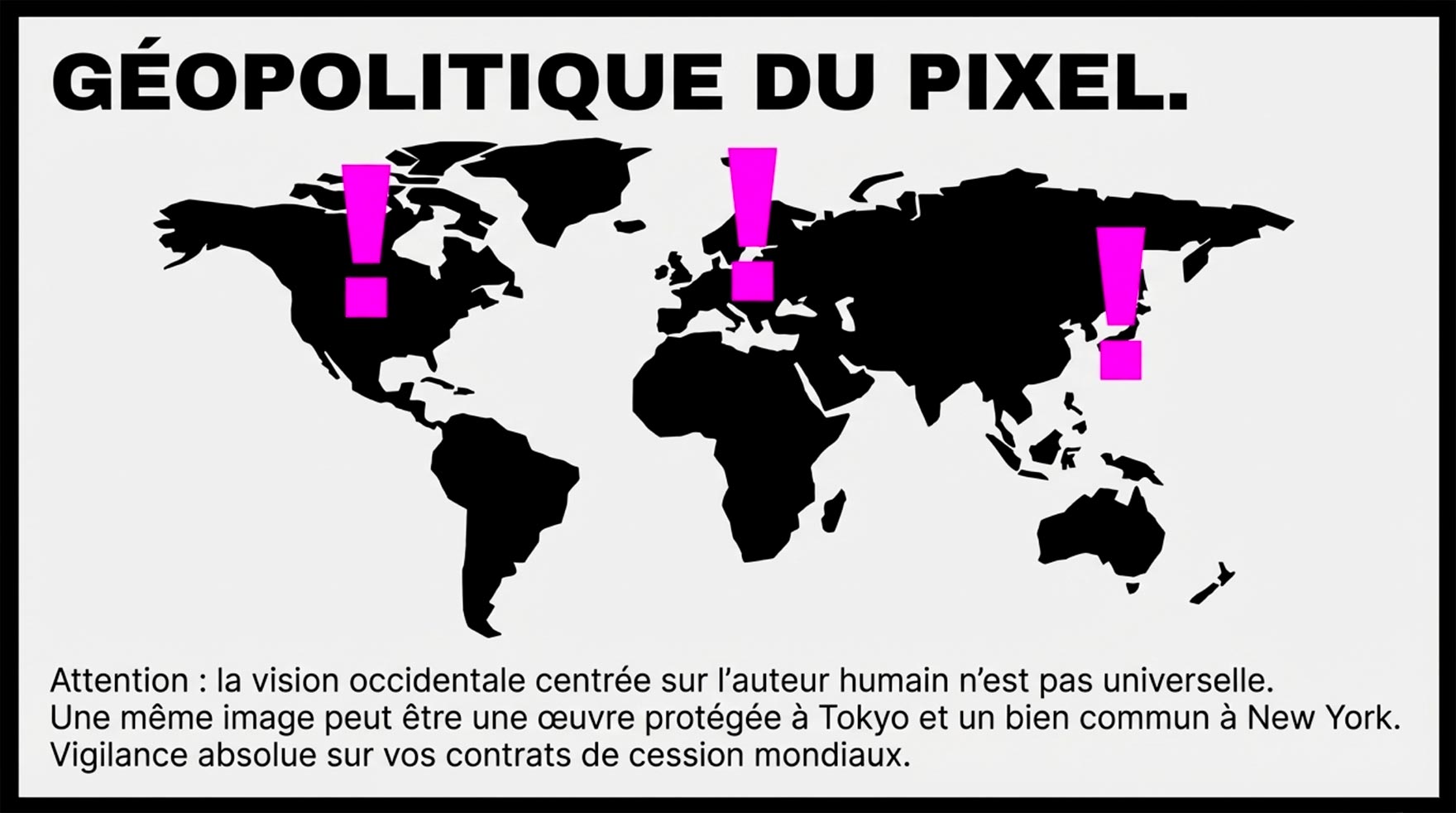 Géopolitique du Pixel : Un monde divisé Carte du monde noire avec des points d'exclamation roses sur les USA, l'Europe et l'Asie.