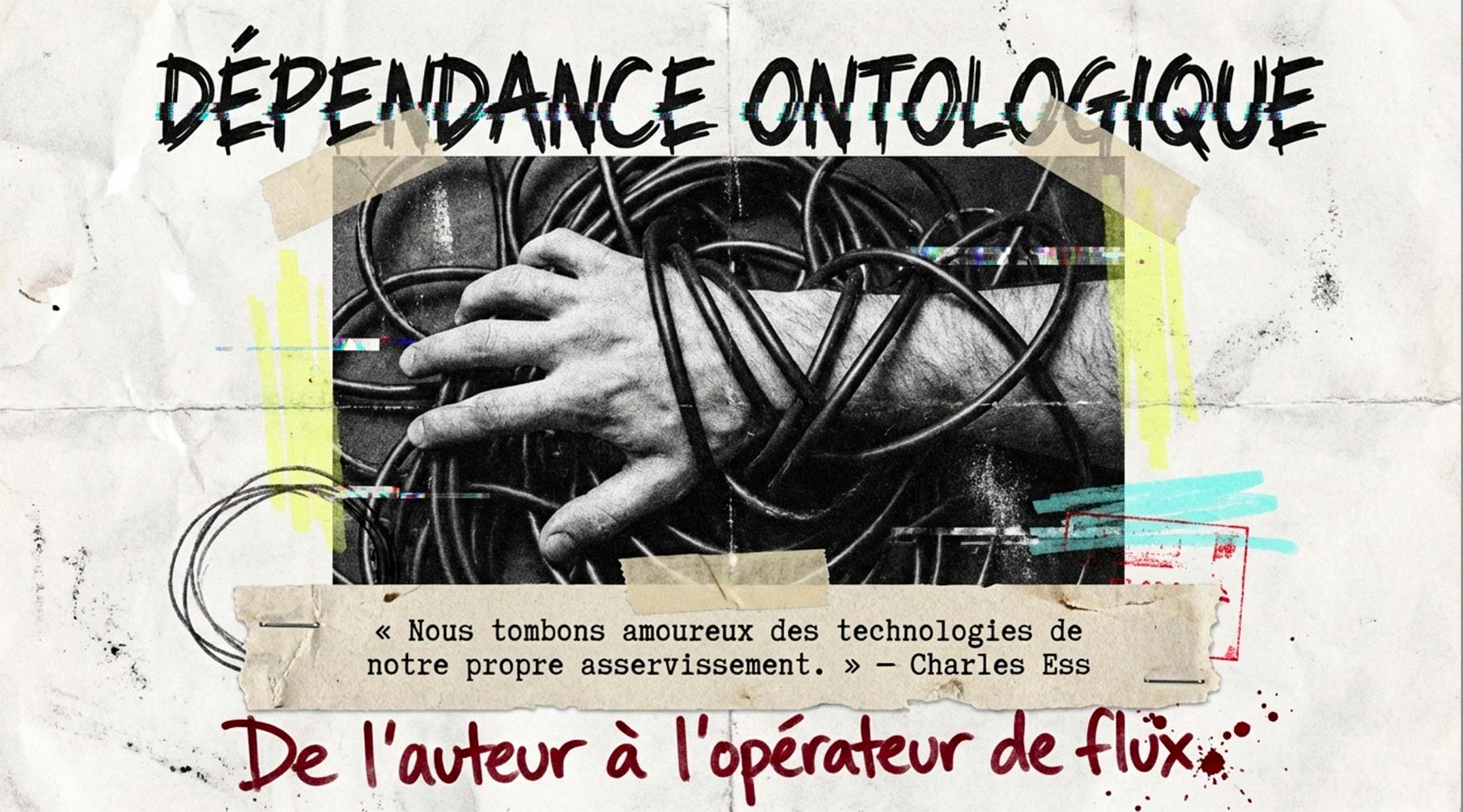 Main humaine emmêlée dans des câbles noirs symbolisant l'asservissement technologique.