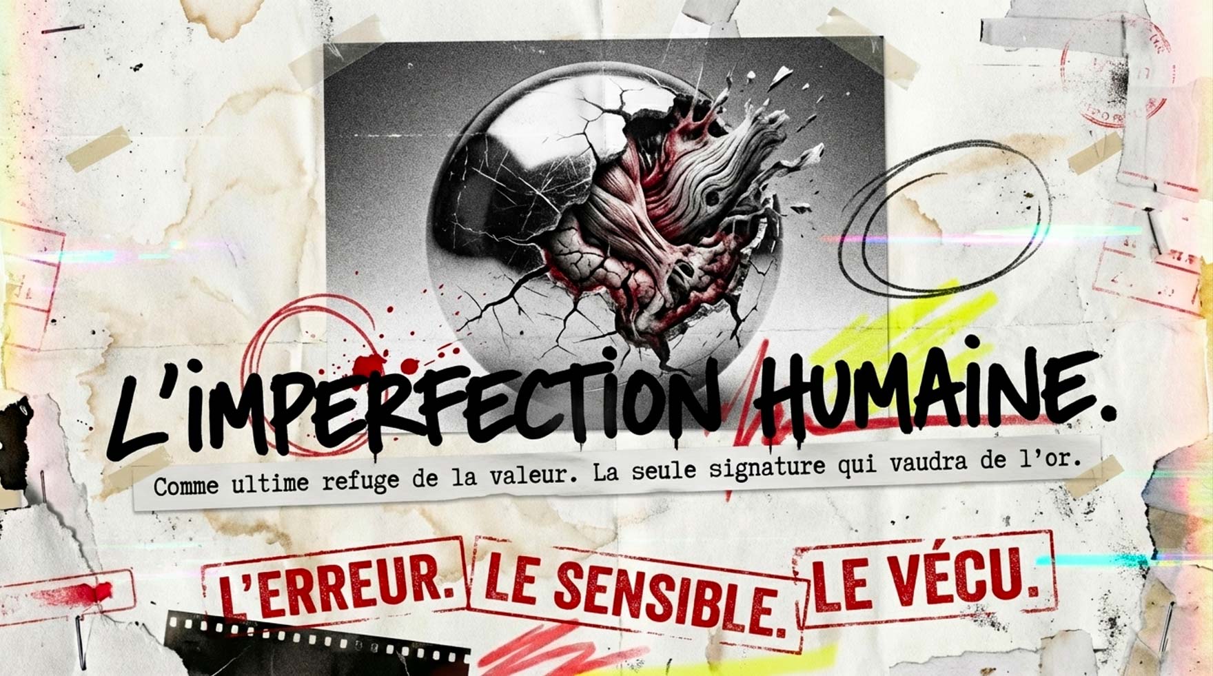 Œil organique sortant d'une coquille technologique brisée avec texte "L'imperfection humaine".