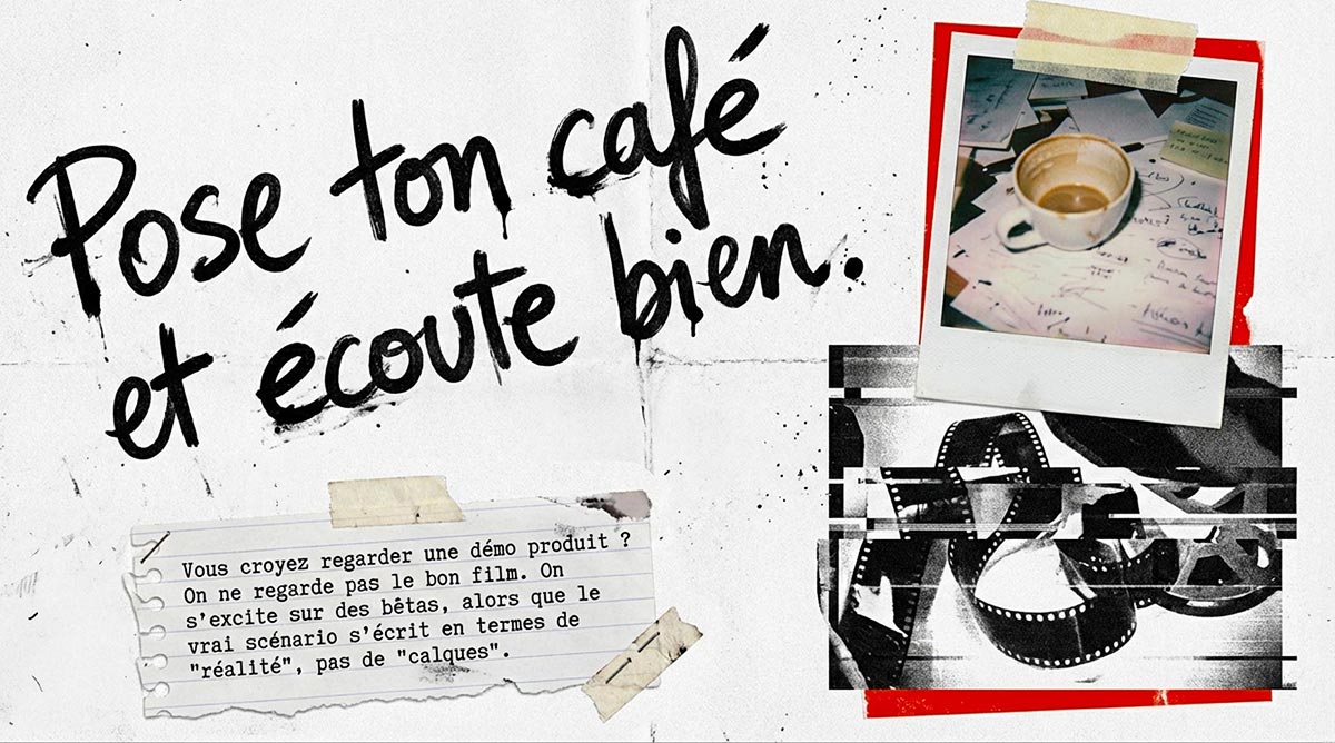 Collage avec une tasse de café et texte "Pose ton café et écoute bien" sur fond de pellicule film.