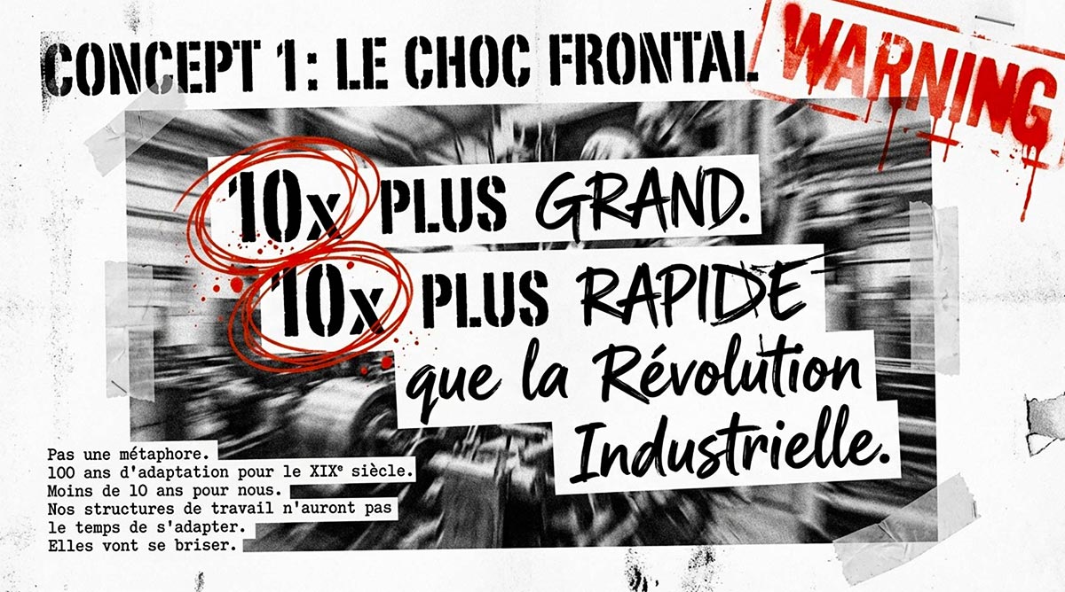 Collage graphique de style punk indiquant que l'IA est 10 fois plus grande et plus rapide que la Révolution industrielle.