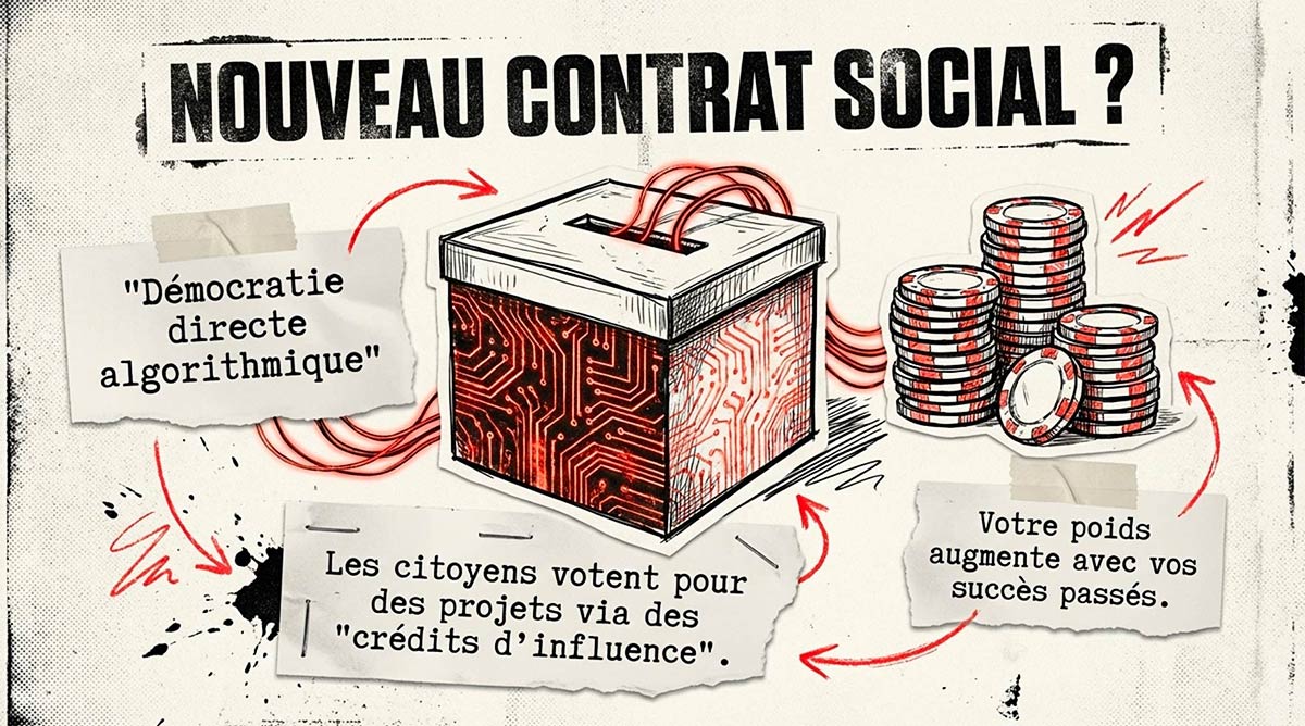 Illustration d'une urne électronique hybride et de jetons d'influence pour expliquer la démocratie directe algorithmique.