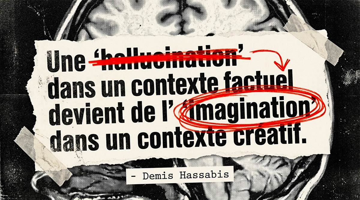 Citation manuscrite soulignant que l'hallucination en contexte factuel devient imagination en contexte créatif.
