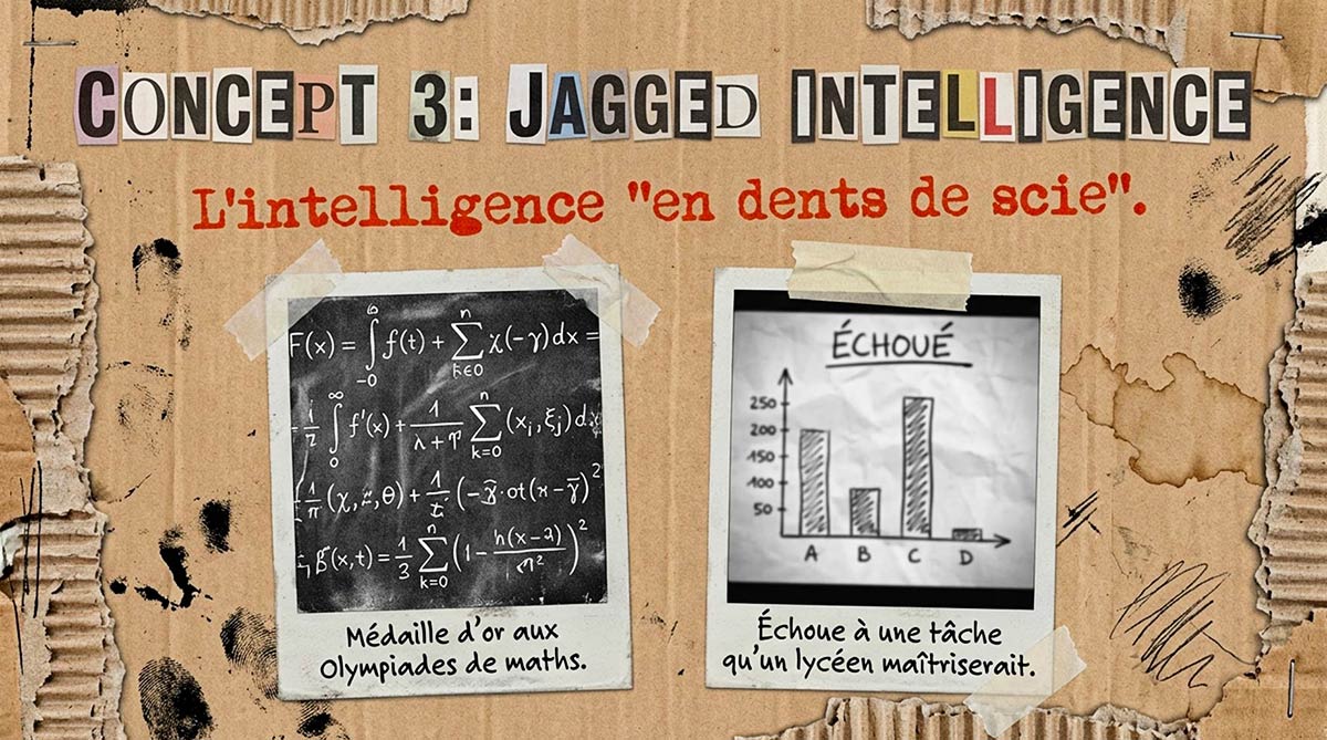 Comparaison entre un succès doctoral en mathématiques et un échec de logique enfantine pour illustrer l'intelligence en dents de scie de l'IA.