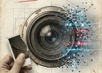 Un objectif photo ancien qui se désintègre en circuits numériques, titre "AGI IMPACT sur les métiers de l'image".