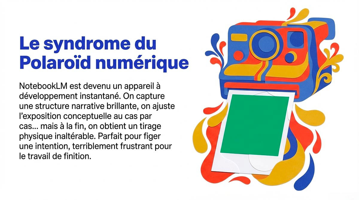 Appareil photo Polaroïd imprimant un cadre vert figé, symbolisant l'obtention d'un fichier physique inaltérable après une génération IA.