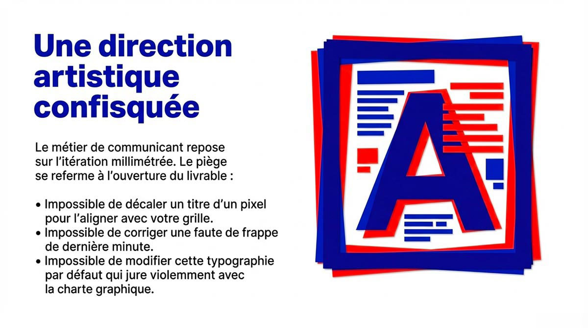 Lettre A stylisée avec des calques superposés illustrant l'impossibilité de modifier la typographie ou les grilles sur un export PPTX rastérisé.