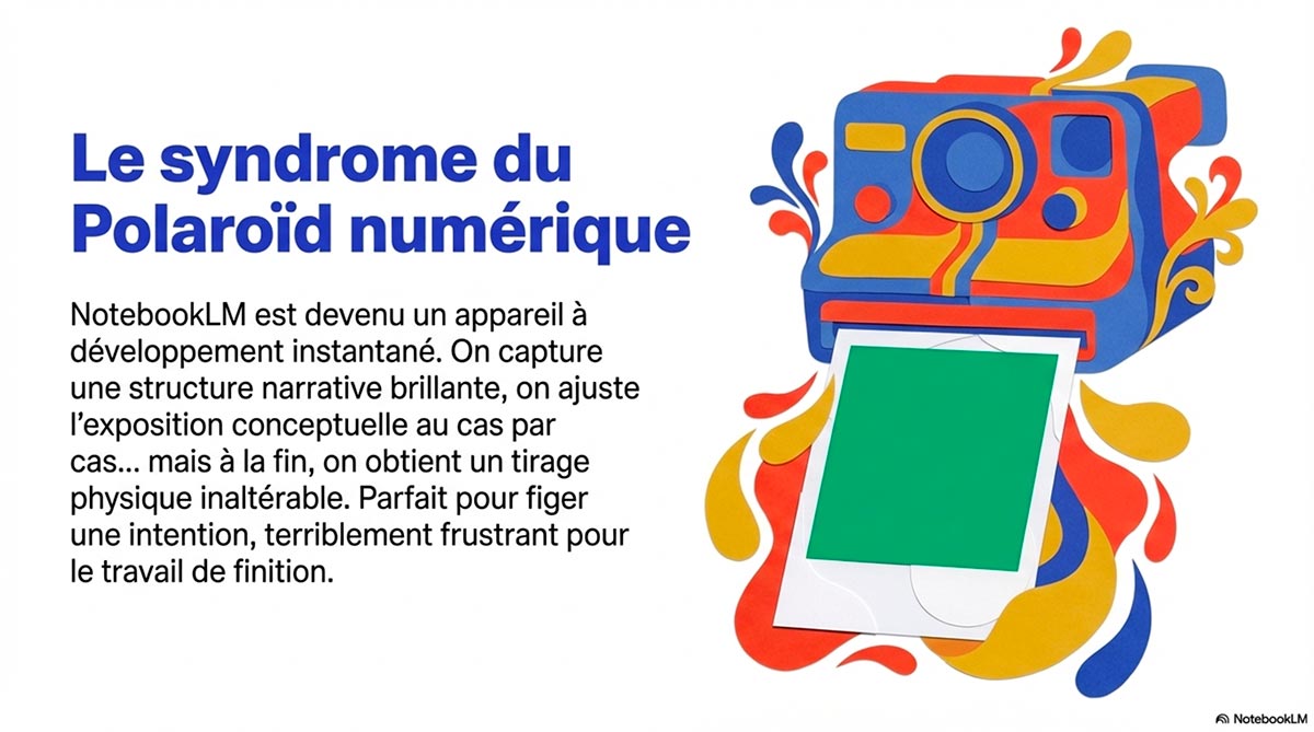 Appareil photo Polaroïd imprimant un cadre vert figé, symbolisant l'obtention d'un fichier physique inaltérable après une génération IA.